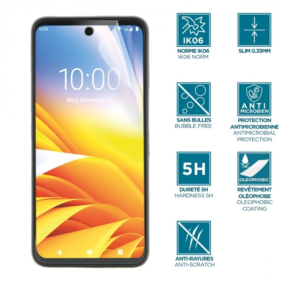 This screen protector with Clear finish has the IK06 standard, the best anti-shocks protection on the market. Flexible and unbreakable, it protects your screen against shocks, breakages and scratches. Easy to install and delivered with a cleaning kit thumbnail
