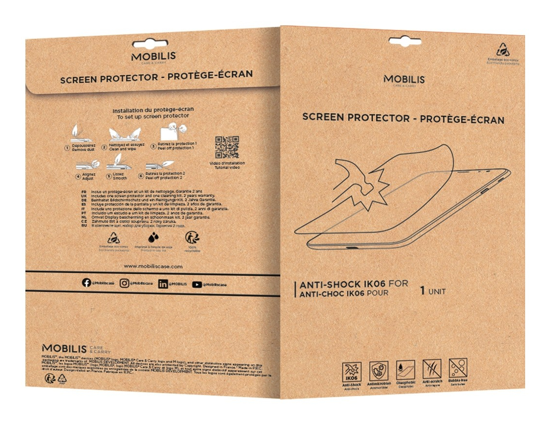 This screen protector with Clear finish has the IK06 standard, the best anti-shocks protection on the market. Flexible and unbreakable, it protects your screen against shocks, breakages and scratches. Easy to install and delivered with a cleaning kit thumbnail