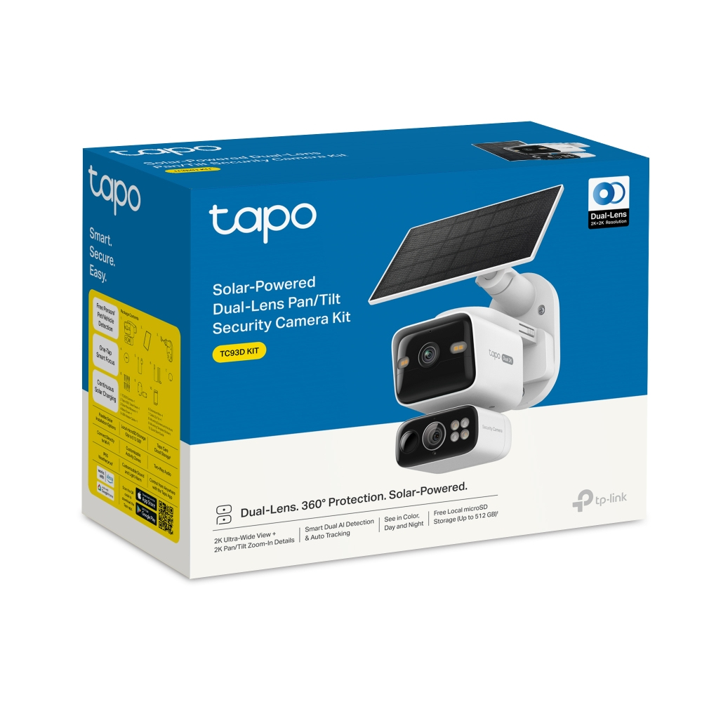 Tapo TC93D KIT V1 - Solar-Powered Security Camera Kit - network surveillance camera - pan / tilt - weatherproof - colour (Day&Night) - 2304 x 1296 - 2K - audio - wireless - Wi-Fi - 2.4GHz radio, 5GHz radio - DC 5 V - with Tapo A201 solar panel thumbnail