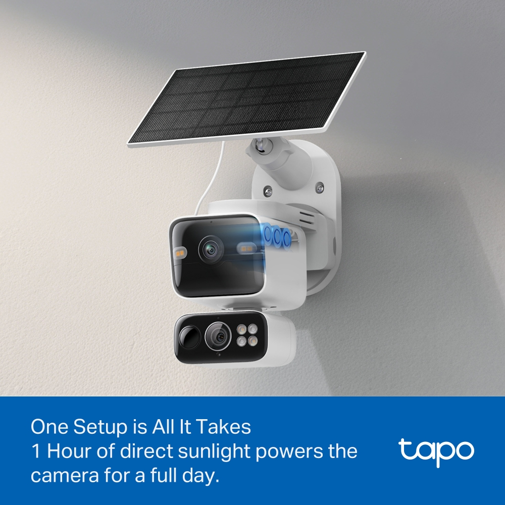 Tapo TC93D KIT V1 - Solar-Powered Security Camera Kit - network surveillance camera - pan / tilt - weatherproof - colour (Day&Night) - 2304 x 1296 - 2K - audio - wireless - Wi-Fi - 2.4GHz radio, 5GHz radio - DC 5 V - with Tapo A201 solar panel thumbnail