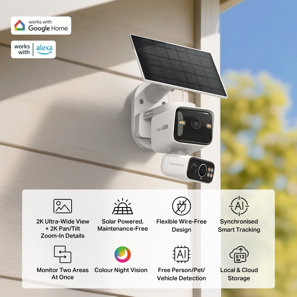 Tapo TC93D KIT V1 - Solar-Powered Security Camera Kit - network surveillance camera - pan / tilt - weatherproof - colour (Day&Night) - 2304 x 1296 - 2K - audio - wireless - Wi-Fi - 2.4GHz radio, 5GHz radio - DC 5 V - with Tapo A201 solar panel thumbnail