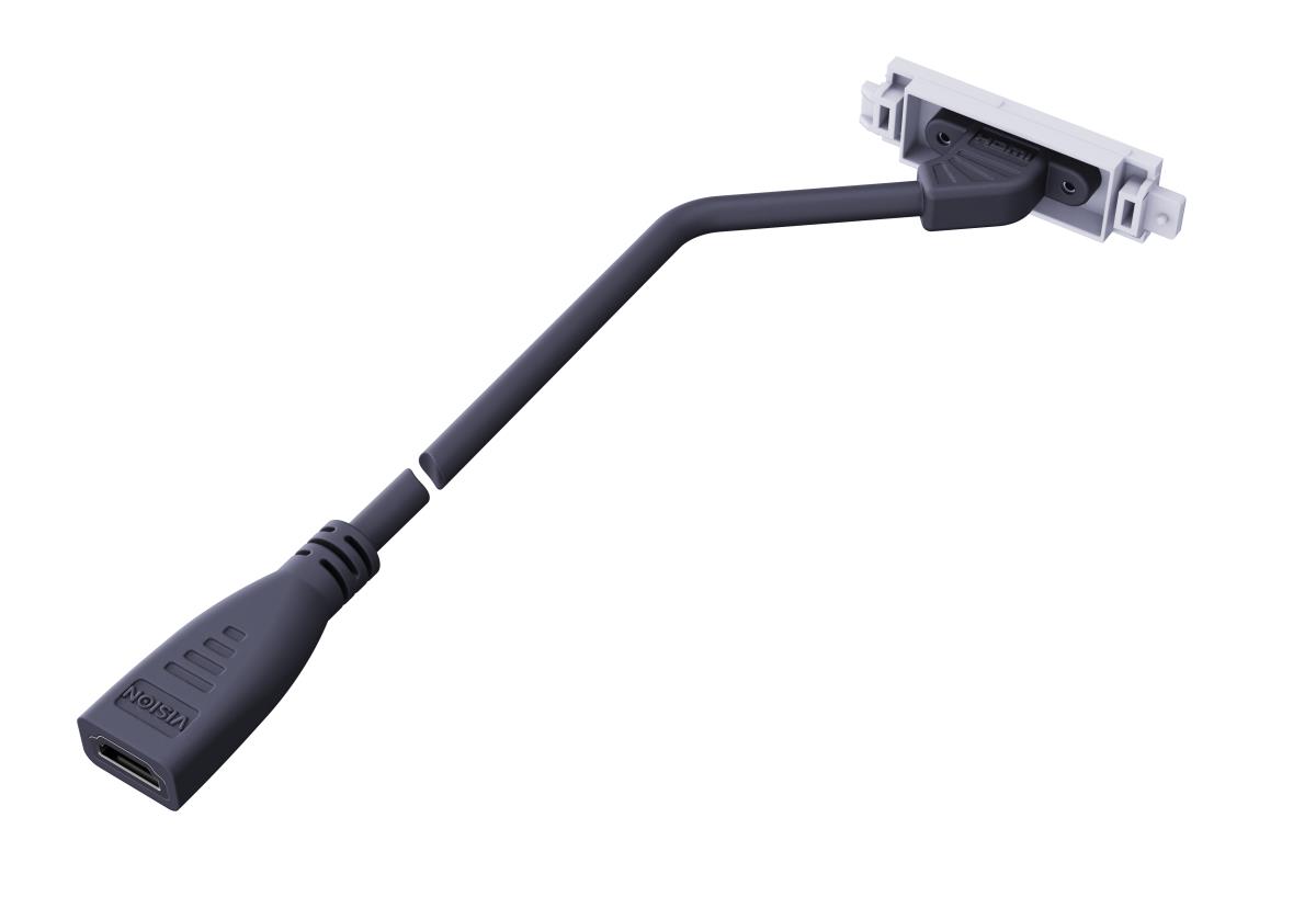 Modular AV faceplate component - HDMI module - female socket on front with tail at rear with female connector - active boosting circuit - HDMI v2.1 - 8k at 60 hz - awg 28 - total length 200 mm - fixes into techconnect surrounds - plastic - white thumbnail
