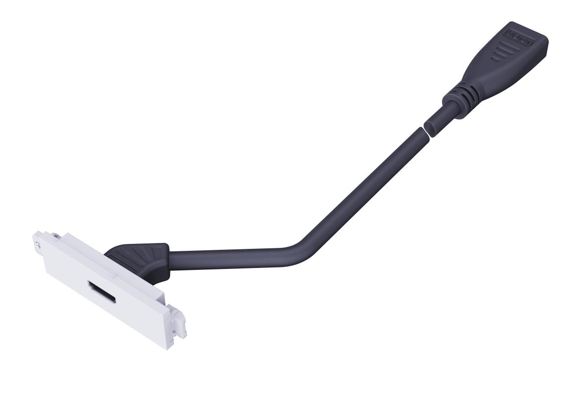 Modular AV faceplate component - HDMI module - female socket on front with tail at rear with female connector - active boosting circuit - HDMI v2.1 - 8k at 60 hz - awg 28 - total length 200 mm - fixes into techconnect surrounds - plastic - white thumbnail