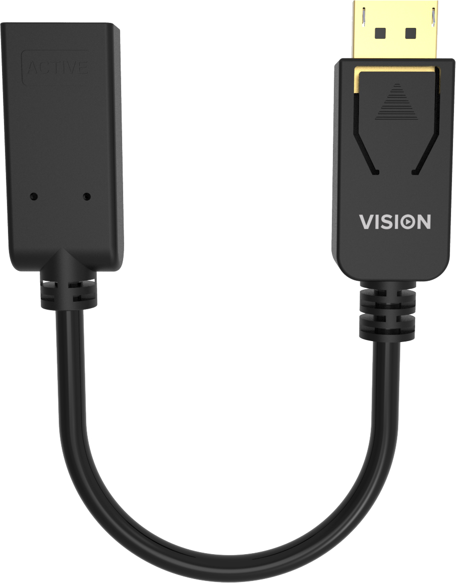 DisplayPort to HDMI adaptor - 8k 60 hz - DP version 1.4 - gold connectors - HDMI 2.1 - does not convert HDMI to DP - hotplug - DP (m) to HDMI (f) - outer diameter 5.0 mm - 32 AWG - overall length 225 mm - black thumbnail