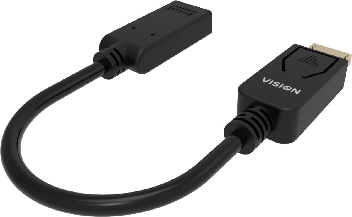 DisplayPort to HDMI adaptor - 8k 60 hz - DP version 1.4 - gold connectors - HDMI 2.1 - does not convert HDMI to DP - hotplug - DP (m) to HDMI (f) - outer diameter 5.0 mm - 32 AWG - overall length 225 mm - black thumbnail