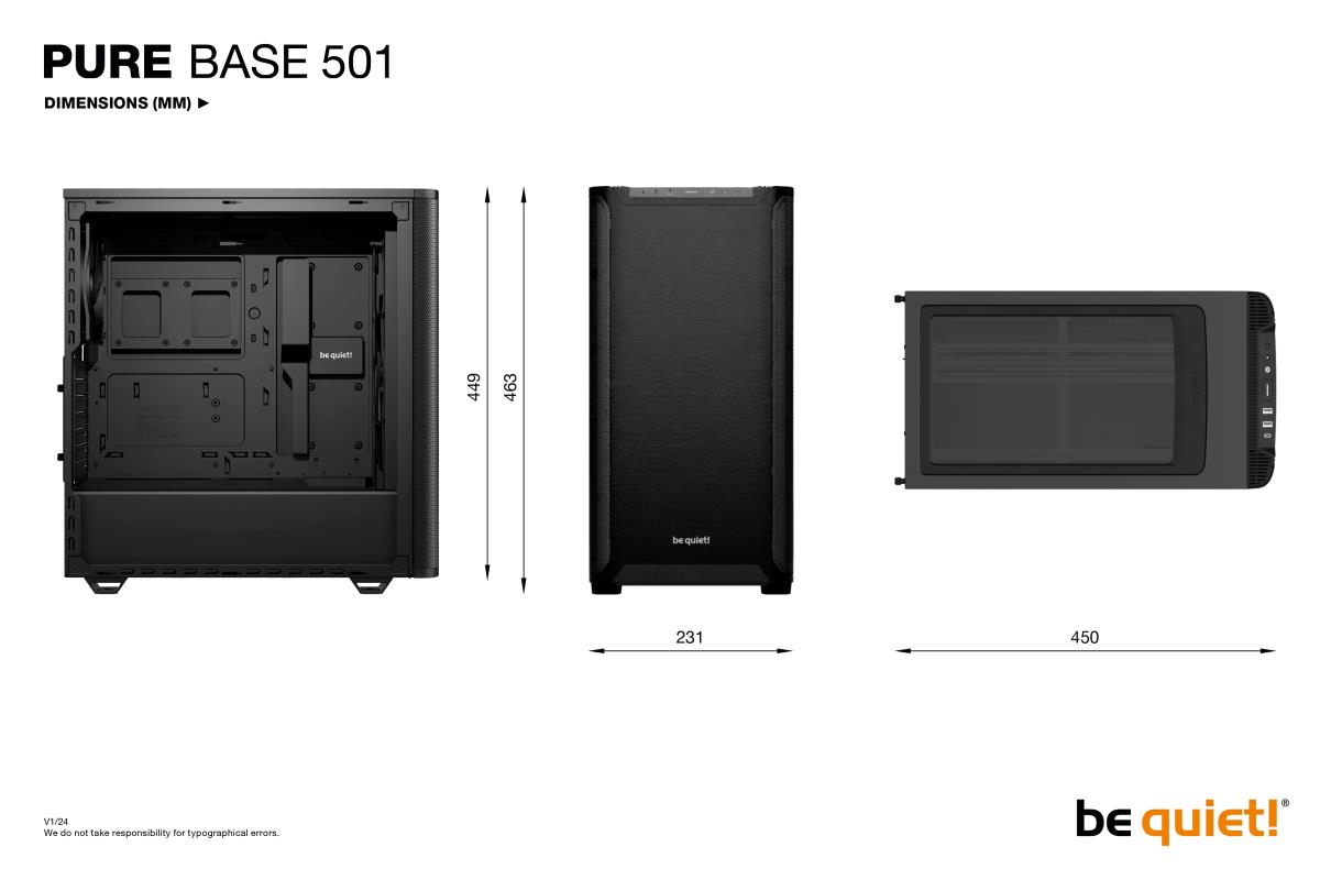 be quiet! BG073 Pure Base 501 Mid Tower Gaming Case, 1 x USB Type-C / 2 x USB 3.0, Water Cooling Ready, 2 x Pre-Installed Pure Wings 3 140mm Fans, ATX / M-ATX / Mini-ITX Compatible thumbnail