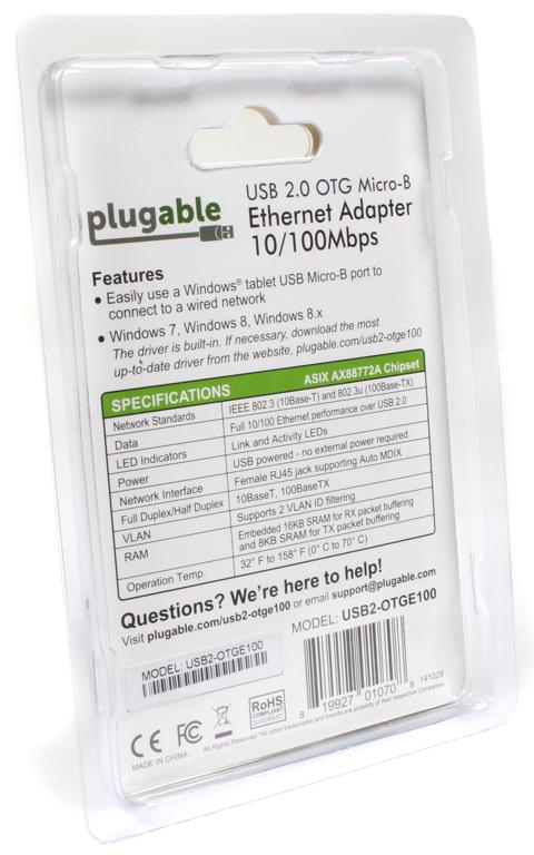Plugable Technologies USB 2.0 OTG Micro-B to 100Mbps Fast Ethernet Adapter Compatible with Windows T thumbnail