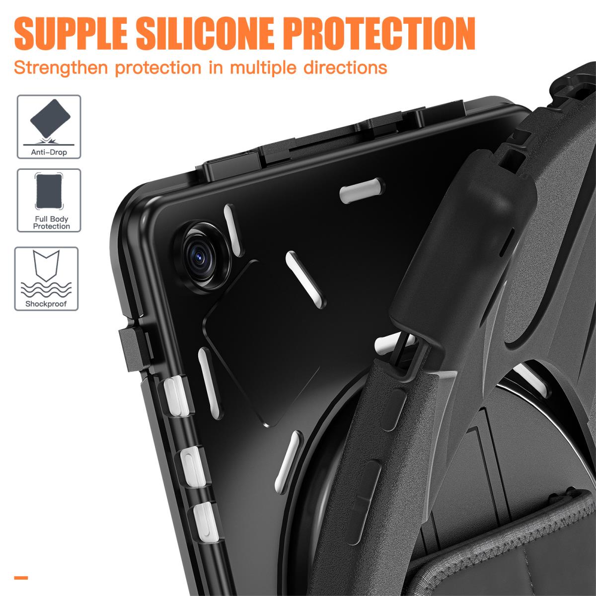 Shield Case for Samsung Galaxy Tab A9 (8.7in) with Rotating hand strap shoulder strap and screen protector (Black) thumbnail