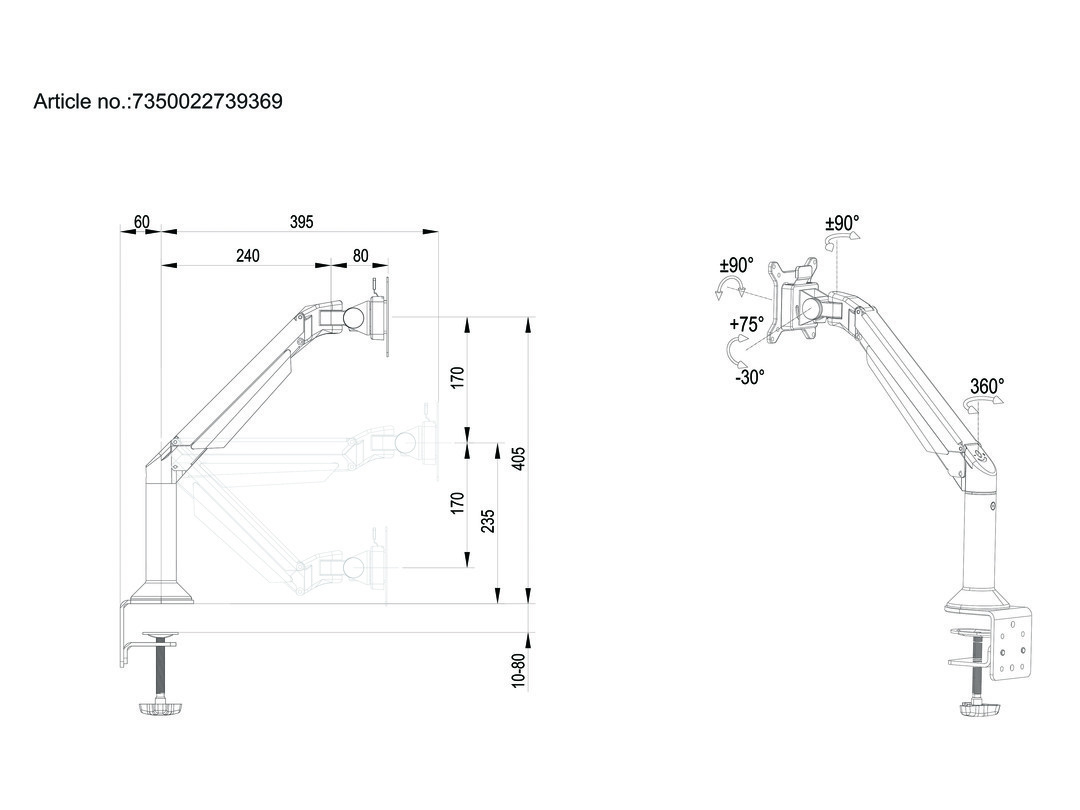 M VESA Gas Lift Arm Desk or Wall Basic Black thumbnail