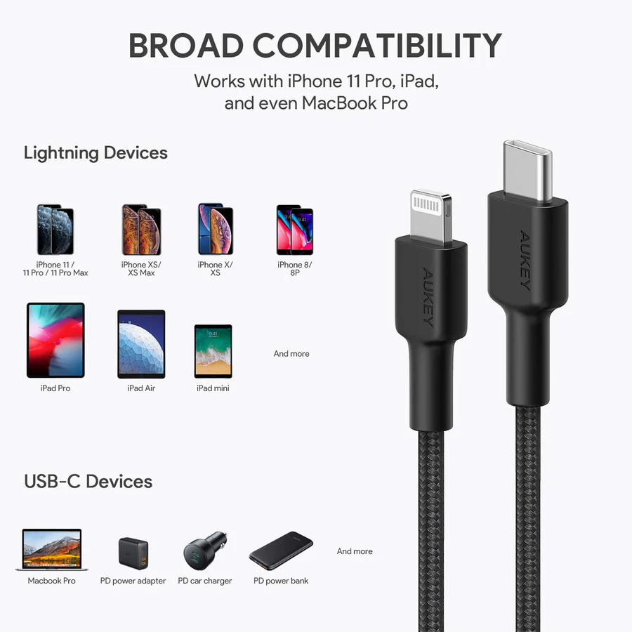 AUKEY CB-CL03 Black nylonowy kabel Lightning-USB C USB Power Delivery USB-PD 2m certyfikat MFi Apple thumbnail