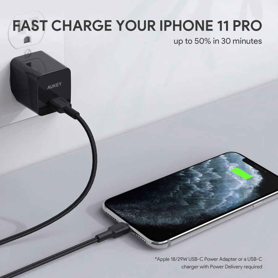 AUKEY CB-CL03 Black nylonowy kabel Lightning-USB C USB Power Delivery USB-PD 2m certyfikat MFi Apple thumbnail