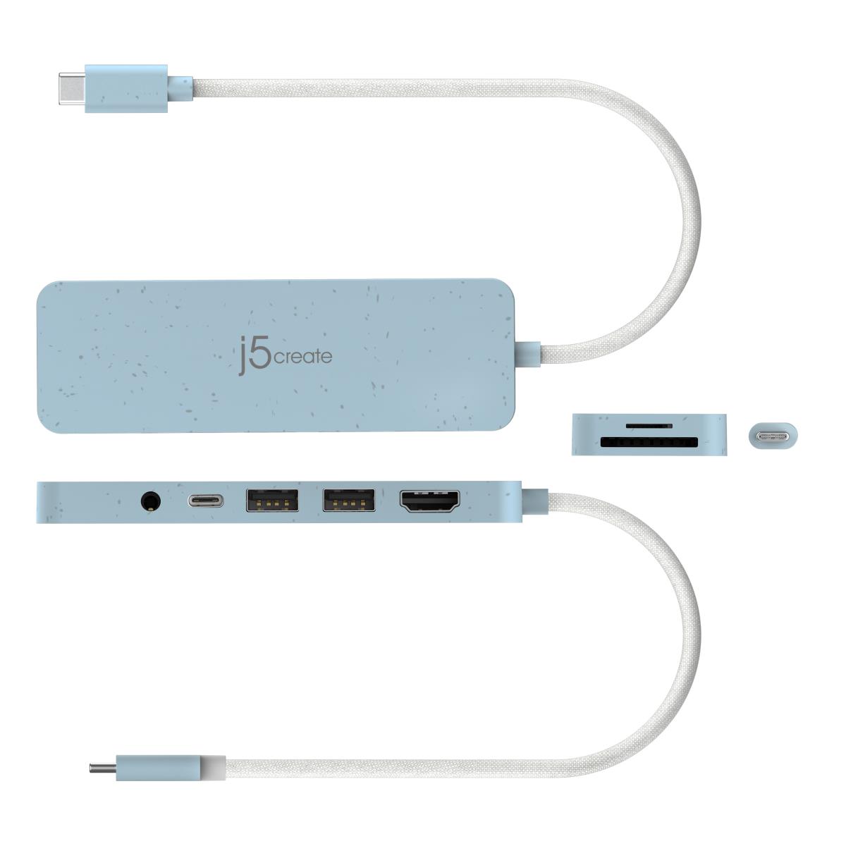 USB-c Multi-port Hub - 2x USB Type-a 1x USB-c 1x Sd 1x microsd 1x Hdmi 1x 3.5 Combo With Power Delivery - Cyan thumbnail