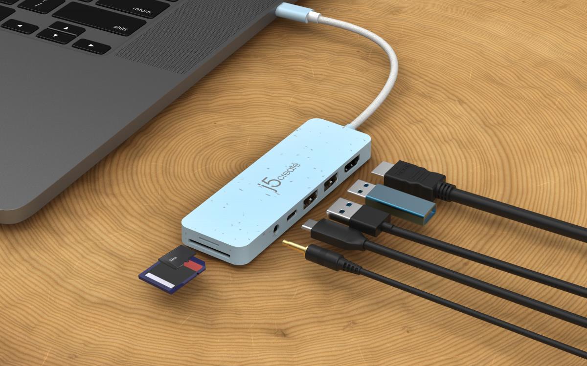 USB-c Multi-port Hub - 2x USB Type-a 1x USB-c 1x Sd 1x microsd 1x Hdmi 1x 3.5 Combo With Power Delivery - Cyan thumbnail