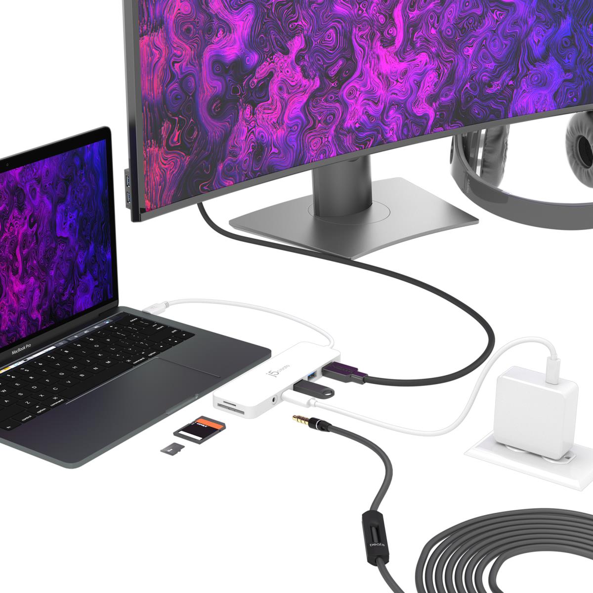 USB-C Lightweight Multi Adapter - 2x USB Type-a 1x USB-c 1x SD 1x microsd 1x Hdmi 1x 3.5 Combo With Power Delivery - White thumbnail