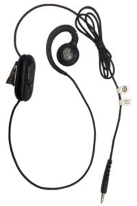 Standard 3.5mm wired headset for Push-To-Talk (PTT) and VoIP with rotating earpiece for right or left ear configuration. Includes built-in cord wrap, PTT button, volume control, and clip to attach to clothing.