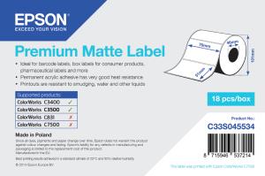 C33S045534 EPSON Premium Matte Label - Die-cut Roll: 76mm x 51mm, 650 labels. MOQ 18 rolls