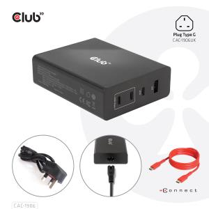 CAC-1906 CLUB3D Travel Charger 132W GAN technology - Four port USB Type-A and -C - Power Delivery(PD) 3.0 Support - Indoor - DC - Black