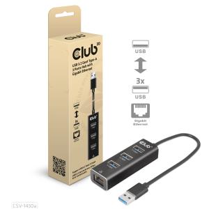 CSV-1430A CLUB3D USB 3.2 Gen1 Type-A - 3 Ports Hub with Gigabit Ethernet - Wired - USB 3.2 Gen 1 (3.1 Gen 1) Type-A - 1000 Mbit/s - Black - USB - USB Type-C