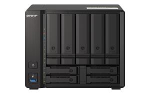 TS-H973AX-32G QNAP SYSTEMS 9-bay NAS AMD Ryzen V1500B 4C 8T 2.2GHz 32GB DDR4 SODIMM 5 x 2.5in/3.5in SATA 6Gbps + 2 x 2.5in U.2 NVMe PCIe Gen3 x4 / 2.5in SATA 6Gbps + 2 x 2.5in SATA 6Gbps drive bays. 2 x 2.5GbE 1 x 10GBASE-T Multi-Gig (10G/5G/2.5G/1G/100M) USB 3.2 Gen2