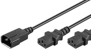 PE061318 MICROCONNECT Power Cord C13x2 - C14 1.8m Y Extension Cable, Black,  H05VV-F3x0.75mm2 CU, Male x2-Female